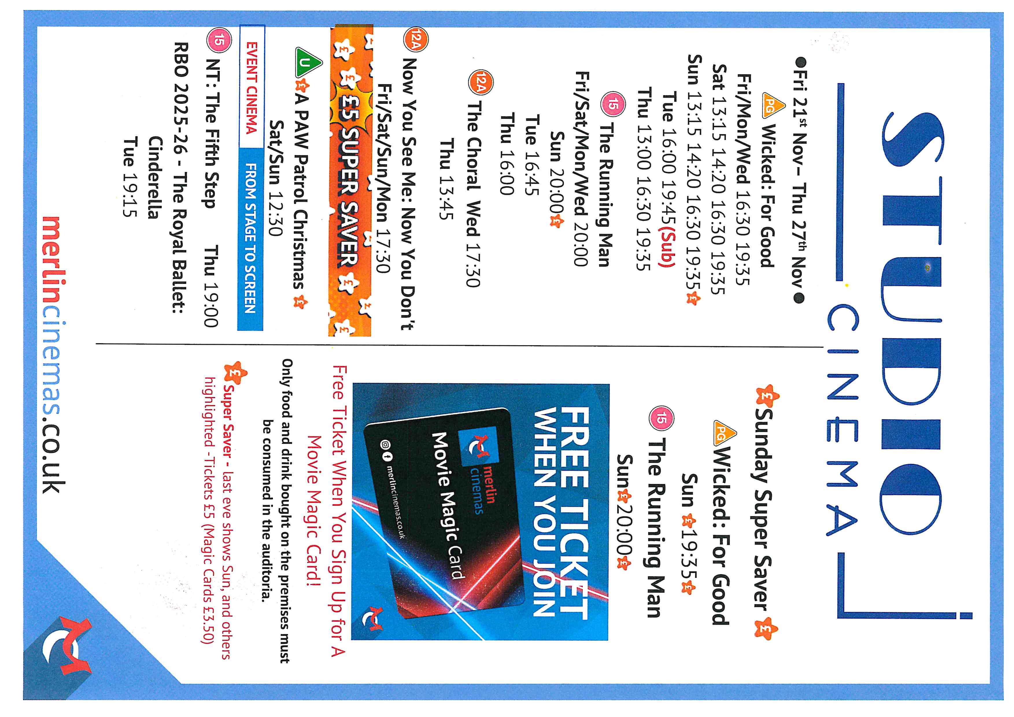 Studio Cinema Listings Fri 21st Nov - Thur 27th Nov